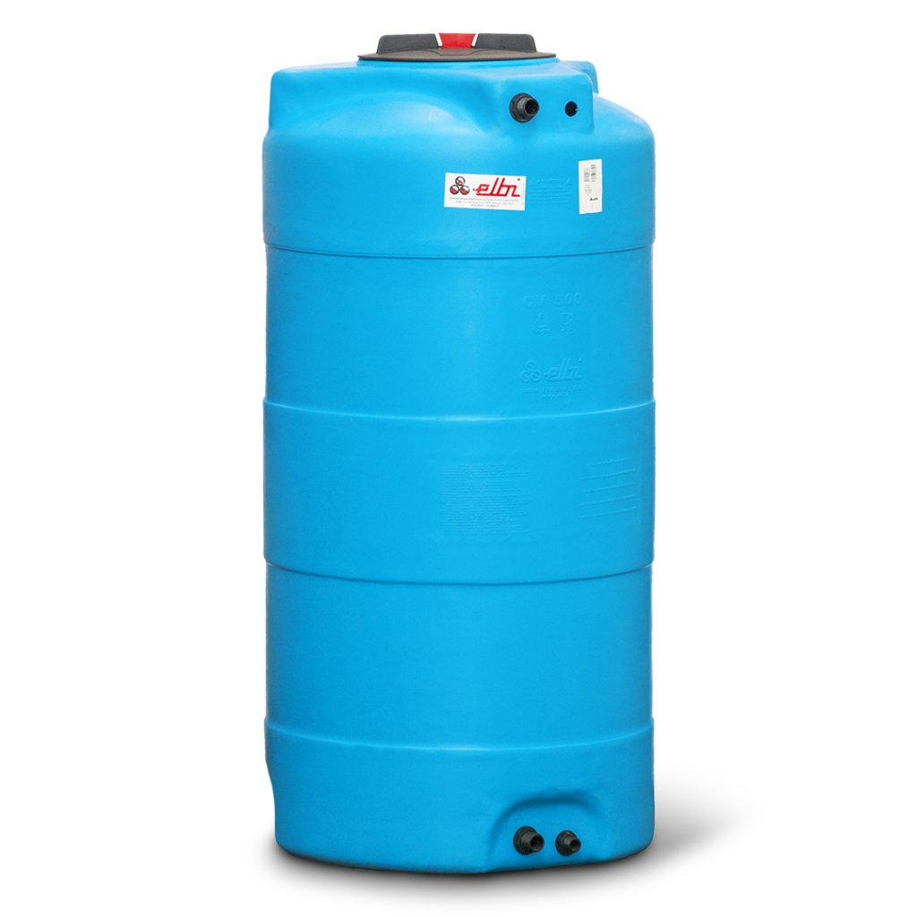 500 liter rund lodret vandtank, vandbeholder godkendt til opbevaring af drikkevand og kontakt med fødevarer. Produceret i EU.